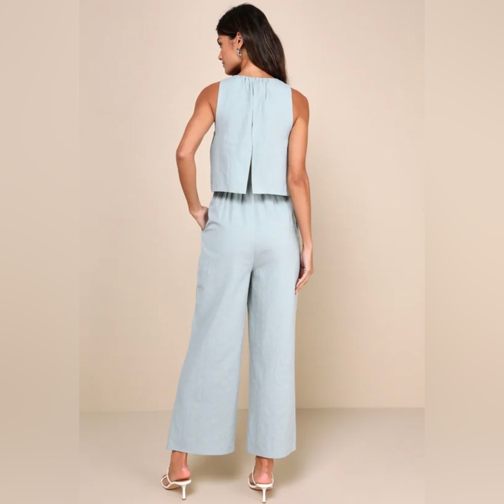 Lulus Breezy Sophistication Sage Green Textured Wide-Leg Jumpsuit new small - Picture 2 of 7